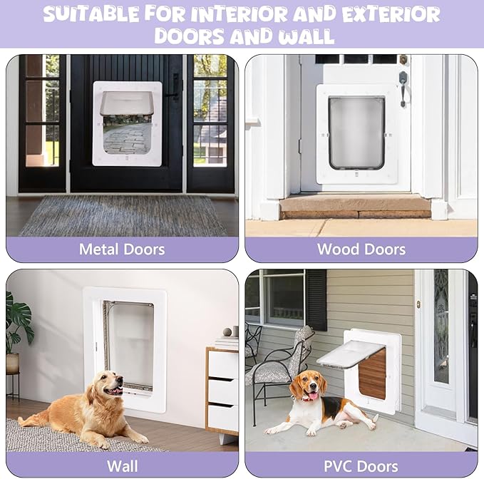 Weatherproof Plastic Dog Door with Secure Locking Panel, Durable White Pet Door 6.5"x9.25" for Large Dogs & Pets, Easy Install for Interior & Exterior Doors, Walls, Screens