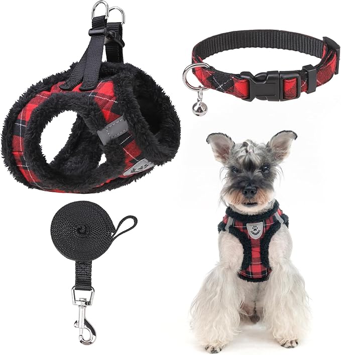 EXPAWLORER Fleece Lined Step-in Dog Harness - Soft Plush Padded Puppy Harness and Leash Set with Adjustable Dog Collar, No Pull Escape Proof Suede Dog Vest Harness for Small Dogs, Red & Black S
