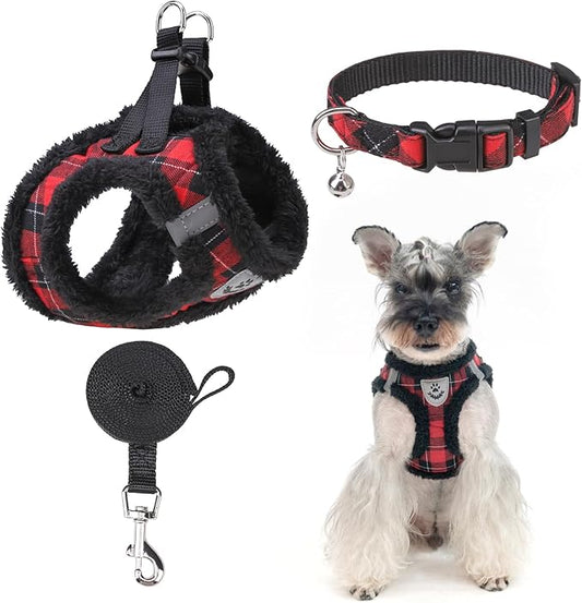 EXPAWLORER Fleece Lined Step-in Dog Harness - Soft Plush Padded Puppy Harness and Leash Set with Adjustable Dog Collar, No Pull Escape Proof Suede Dog Vest Harness for Small Dogs, Red & Black S