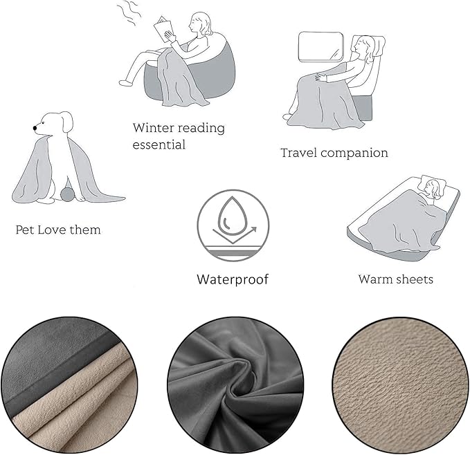 Ameritex Pet Bed Blanket Reversible 100% Waterproof Velvet Super Soft for Sofa and Bed (82x102 Inches, Light Grey+Beige)