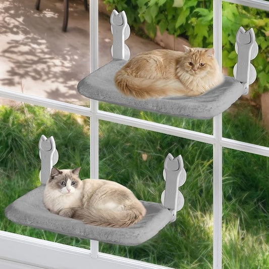 2 Pack Cat Window Perch,Cat Window Hammock Cordless Foldable Window Bed with 4 Large Strong Suction Cup,Reversible Cushion Cover,Metal Frame Easy to Adjust Window Seat Holds up to 40lbs(Dark Gray，M)
