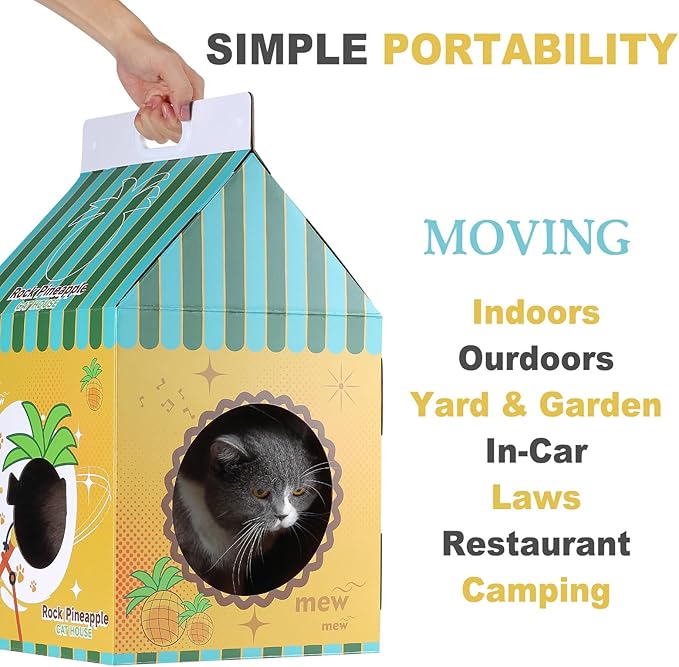 Cardboard Cat House with Scratcher – Yellow Pineapple Milk Carton Design, 22.5''H x 13''L x 13''W, Indoor Cat Playhouse & Hideout for Cats up to 16 lbs, Portable Handle, Corrugated Scratch Pad