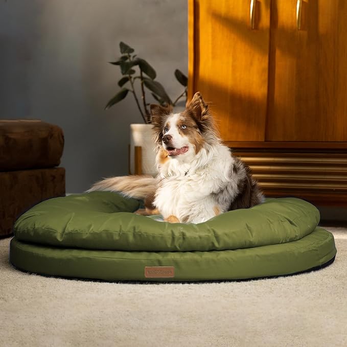 ClevaHome Orthopedic Dog Bed for Large Dogs, 42 inches Dual Layer Water Repellent Round Pet Bed with Washable Cover Nonslip Bottom (Olive Branch)