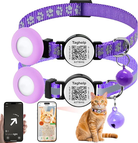 2 Pack Airtag Cat Collar, Breakaway Cat Airtag with Smart ID tag & QR Code Reflective, Lightweight Kitten Collar for Apple Air tag, Hidden Holder for GPS Tracker or Boy Girl Cats, Kittens(Purple)