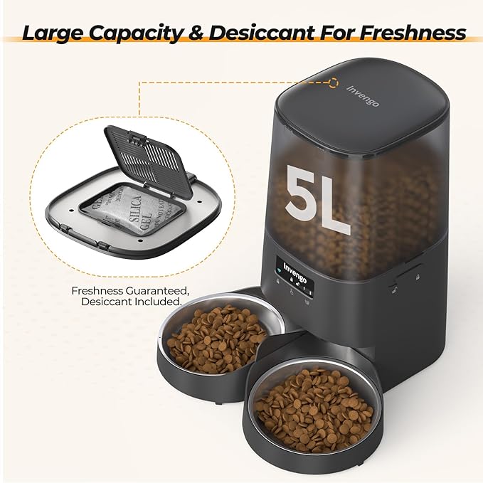 Automatic Cat Feeder with App Control, 5L Food Dispenser for 2 Cats, 2.4/5G WiFi, Dual Power, Programmable Portions, Anti-Jam & Fresh-Lock, Stainless Steel Bowls, Easy to Clean