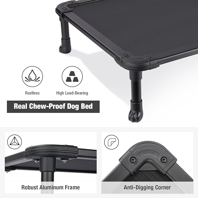 Veehoo Chew Proof Elevated Dog Bed - Cooling Raised Pet Cot - Rustless Aluminum Frame and Durable Textilene Mesh Fabric, Unique Designed No-Slip Feet for Indoor or Outdoor Use, Black, Large, CWC2002