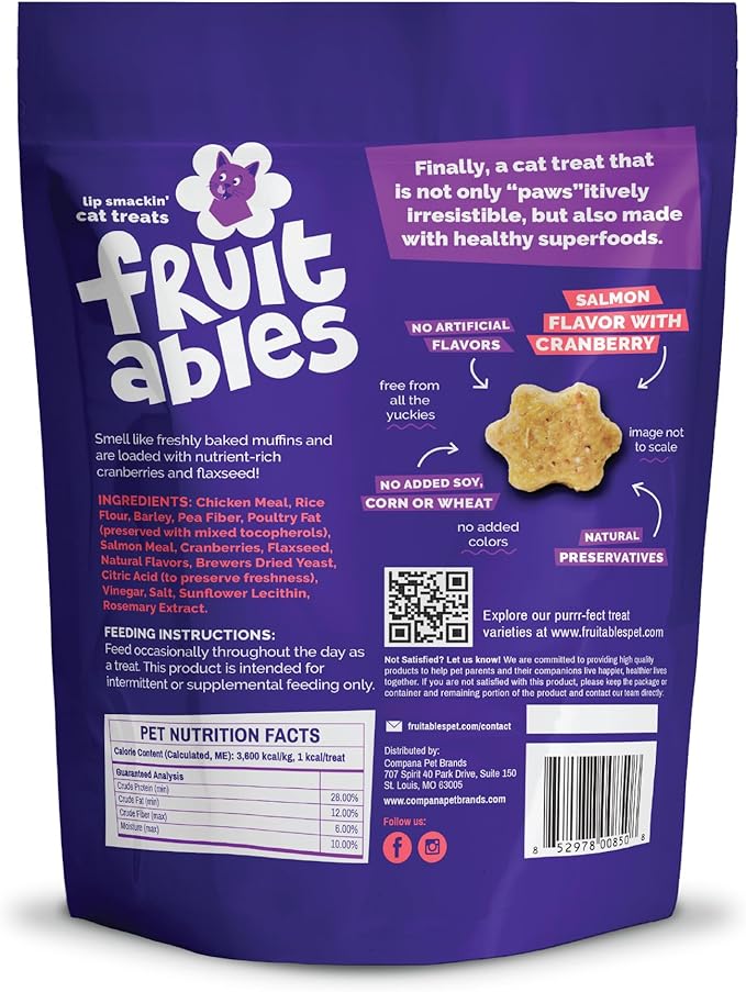 Fruitables Cat Treats Crunchy Cat Treats, Healthy Low Calorie Kitten Snacks, Made Without Wheat, Corn and Soy, Kitten Essentials, Made with Real Salmon and Cranberry, 30 Ounces