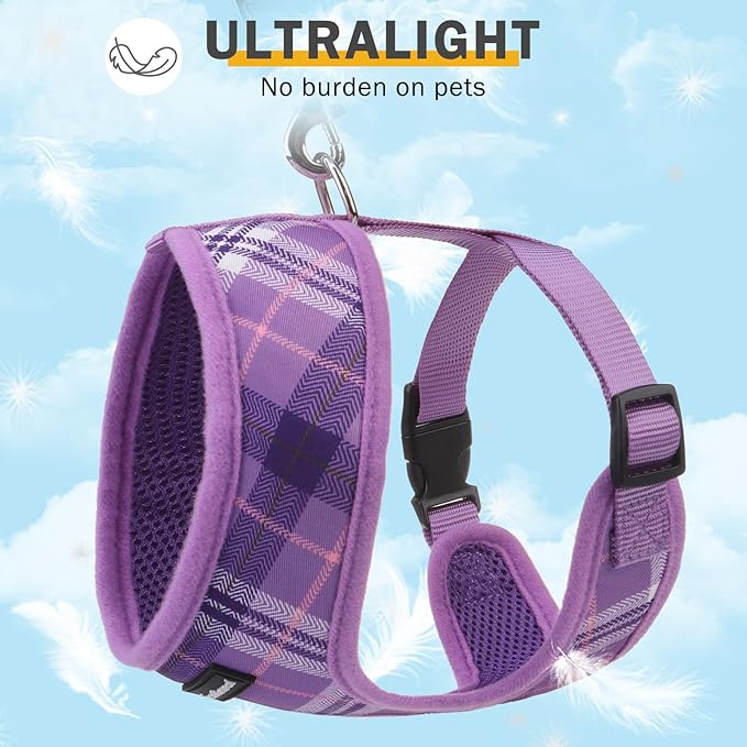 SCENEREAL No Pull Dog Harness Collar and Leash Set Small Medium Sized Dog, Soft Mesh Step in Puppy Harnesses, No Chock Plaid Adjustable Pet Vest for Outdoor Walking Training and Running, Purple XS