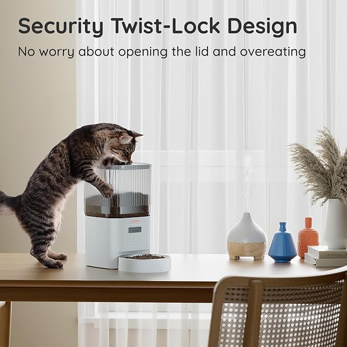 WOPET Automatic Cat Feeder, 4L Automatic Dog Feeder with 180-Day Battery Life, Programmable Cat Food Dispenser with Stainless Steel Bowl，1-6 Meals Per Day (White-01, Regular)