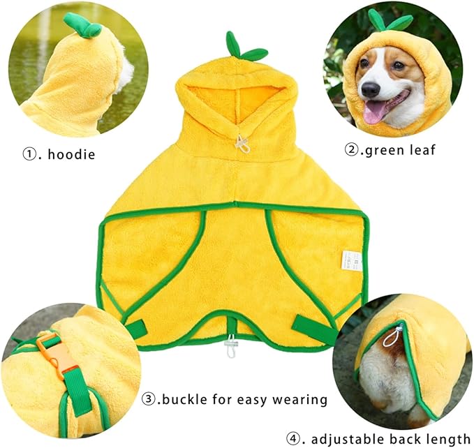 Pet Bathrobe for Dog Cat Absorbently Quick Drying Coat Cute Dogs Bath Towel Hooded Robe Adjustable Collar & Belly Strap for Pool Beach (Yellow, Large)