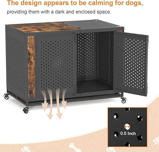 48" Heavy Duty Dog Crate Furniture for Extra Large Dogs, Enclosed Design with 0.5 inch Holes, Indestructible Metal Kennel for High Anxiety Dogs, Chew Proof Pet Cage House Indoor, Brown