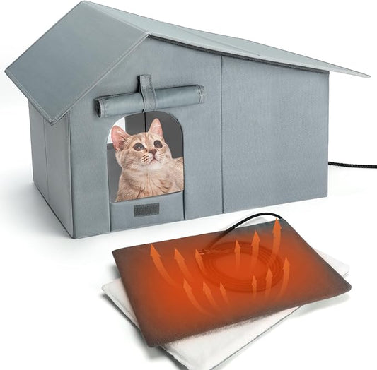 YUEPET Insulated Heated Outdoor Cat House Waterproof Cat House Outside,Large Feral Cat Houses for Winter with Thermostatically Heating Mat for Several Cats Heating House