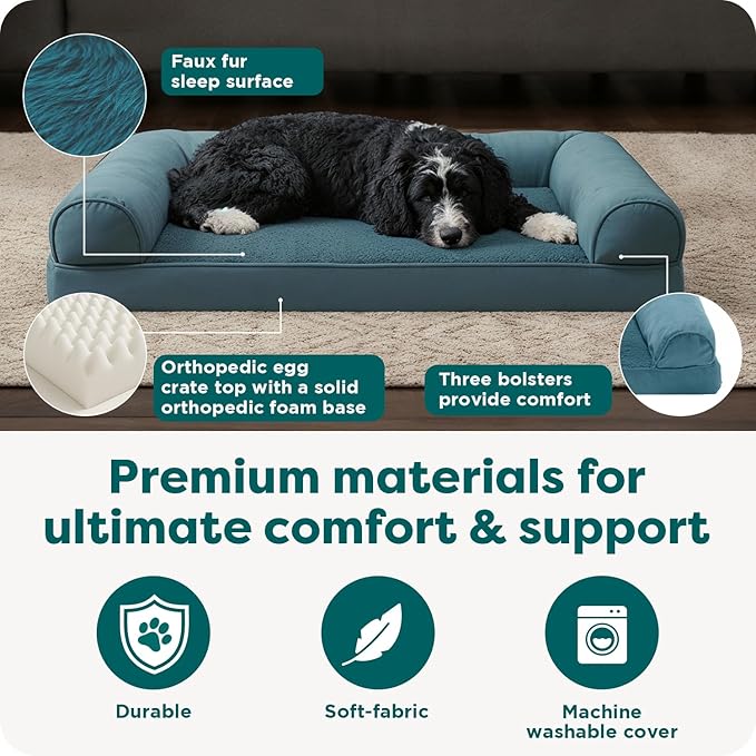 FurHaven Orthopedic Dog Bed for Large Dogs, Sofa Contour Mattress with Egg Crate Orthopedic Memory Foam for Joint Support, Removable Washable Cover, Large, Plush & Suede, Deep Pool