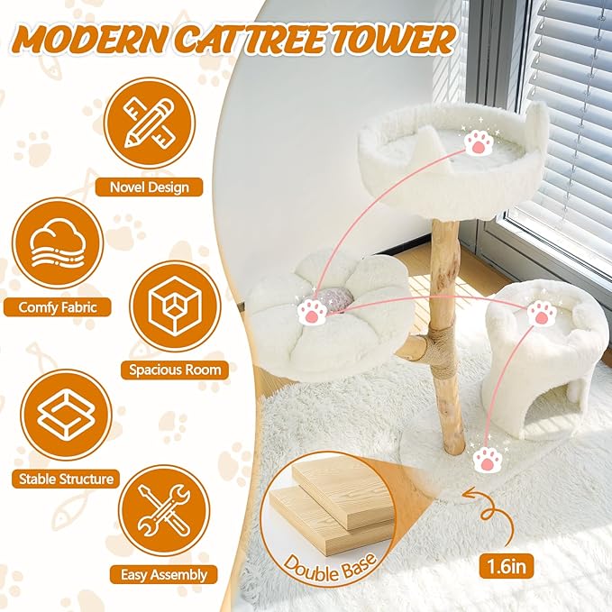 Real Wood Modern Cat Tower, Climbing Tower Cats Tree with Scratching Post and Ball, Cat Furniture with Flower Bed for 37.5" Tall, Branch Luxury Condo for Indoor Wood Cats Large Adult Tree, Warm White