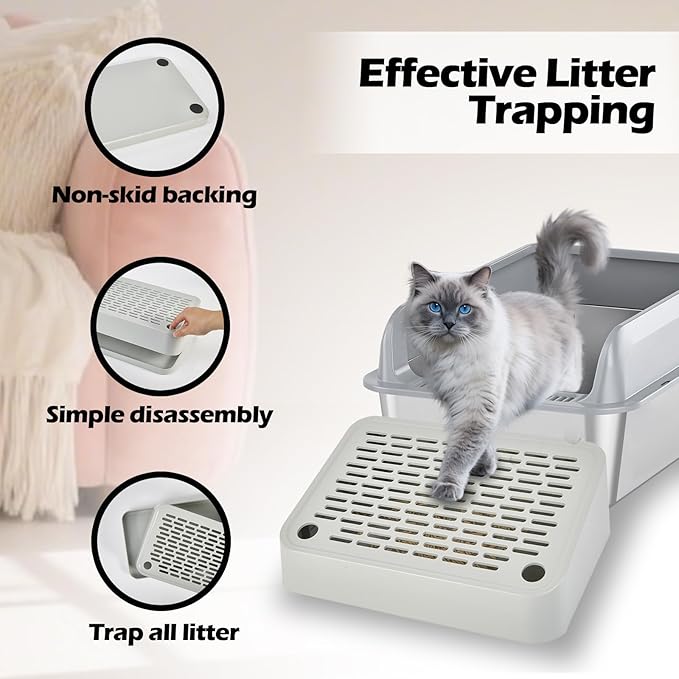 SpaceTime Elevated Cat Litter Mat for Litter Box,Trapping Litter Ramp/Steps for Floor Indoor,Washable Easy Cleaning Cat Pad with Filter Function,Suitable for Kitty & Senior Cats (Grey-Incline Shape)