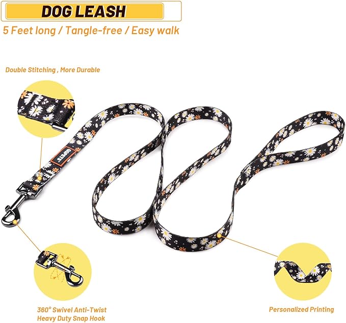 QQPETS Dog Harness Leash Set Adjustable Heavy Duty No Pull Halter Harnesses for Small Medium Large Breed Dogs Back Clip Anti-Twist Perfect for Walking (M(19"-26" Chest Girth), White Daisy)