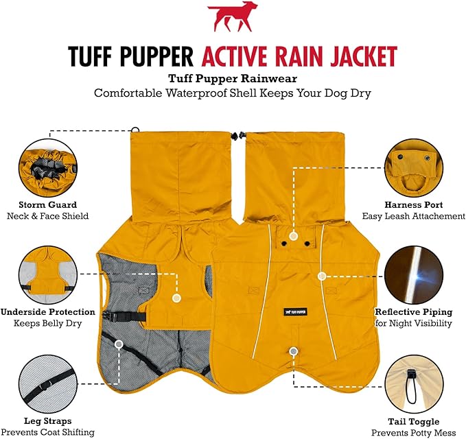 Tuff Pupper Waterproof Dog Raincoat | Full-Body Windproof Rain Jacket for Dogs | Reflective Strips | Breathable Mesh Lining | Adjustable Fit | Leash Port | Small Medium Large XL XXL Dogs (Yellow, XXS)