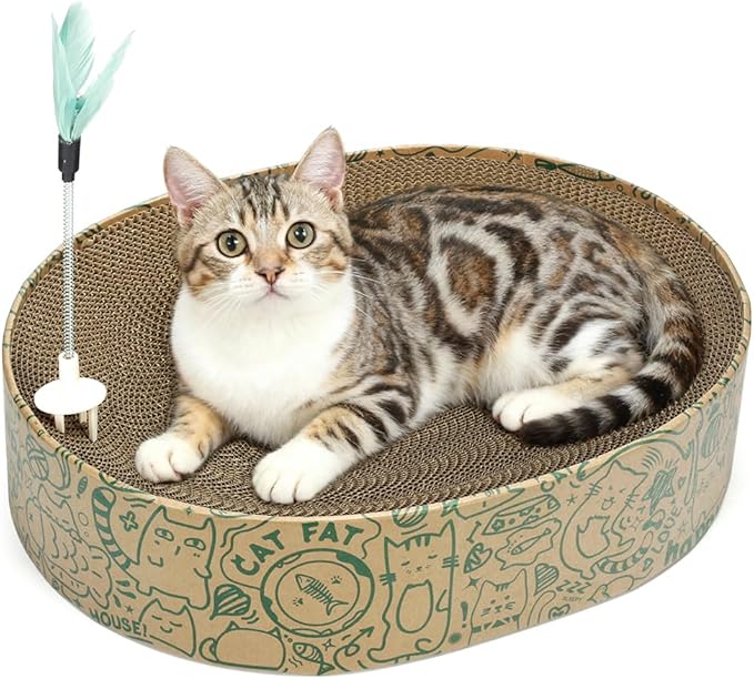 Cat Scratcher Cardboard 2in1 Oval Cat Scratcher Bed for Indoor Cats Cat Scratch Pad Bowl with Scratching Toy Corrugated Lounge Bed&Furniture Protector &Training Toy XL（Green）