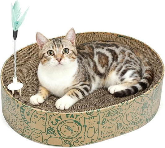 Cat Scratcher Cardboard 2in1 Oval Cat Scratcher Bed for Indoor Cats Cat Scratch Pad Bowl with Scratching Toy Corrugated Lounge Bed&Furniture Protector &Training Toy XL（Green）
