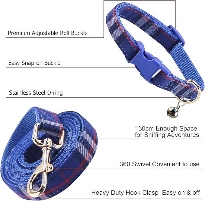 Cute Plaid Dog Collar Harness and Leash with Safety Buckle - Adjustable and No Pull Comfortable Dog Collars for Small Puppy, Stylish Durable Gift for Boy Girl Pets