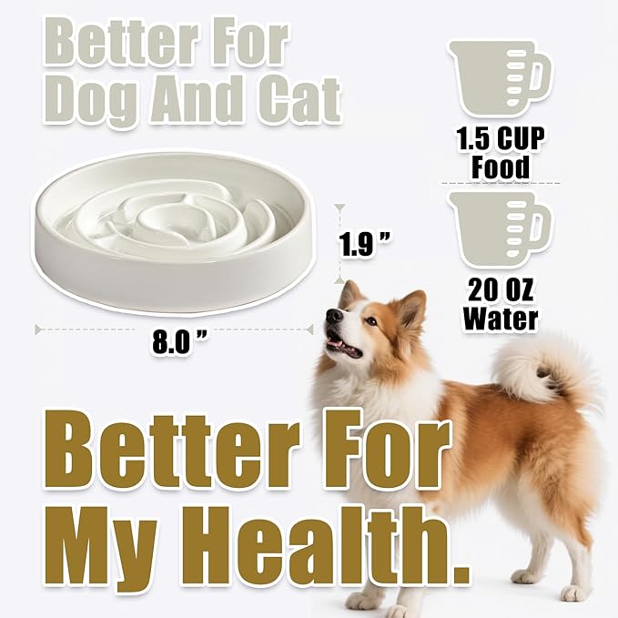 Ceramic Slow Feeder Dog Bowls with Anti-Slip, Slow Feeder & Non-Slip Design, Boredom and Anxiety Reducer, Suitable for All Breed Dogs and Cat (Ceramic-White)