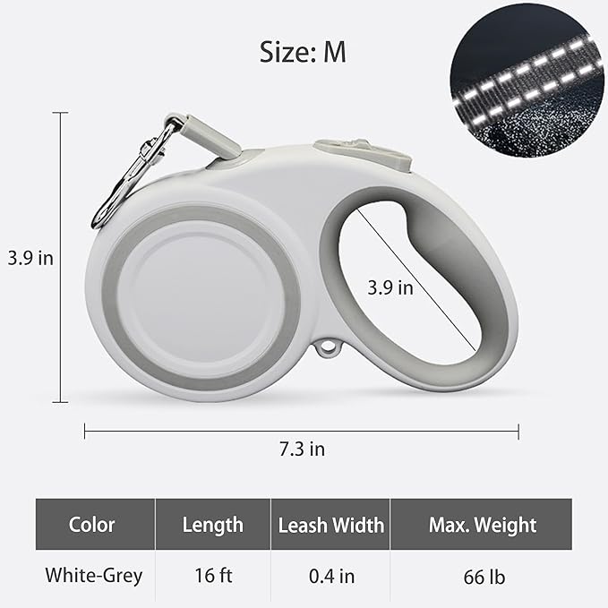 360° Tangle-Free Retractable Dog Leash, Strong Reflective Nylon Tape Lead 16 ft Dog Walking Leash, up to 66lbs, Anti-Slip Rubberized Handle, One-Handed Brake, White-Gray (Medium)