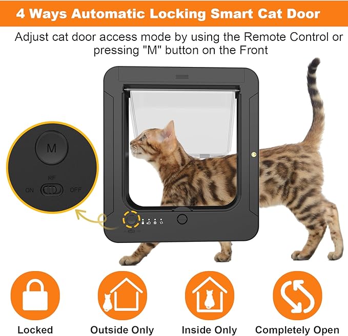 Smart Cat Door with 3 Collar Sensor, RFID Cat Door Collar Activated with Remote Control, 4 Way Locking Cat Flap Automatic Pet Door