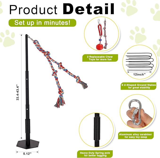 Outdoor Tug of War Dog Toy, Tether Interactive Dog Tug Toy Backyard Heavy-Duty Dog Solo Play Exercise Toy for Large Medium Dogs, Height Adjustable, 2 Rope Toys