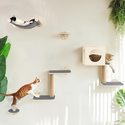 FUKUMARU Cat Wall Shelves, 5-Piece Stable Wooden Wall-Mounted Furniture Set, Kitty Climber with Hammock, House, Steps, Scratching Post (Gray)