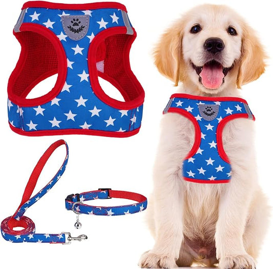 PUPTECK Adjustable Dog Harness Collar and Leash Set Step in No Pull Pet Harness for Small Medium Dogs Puppy and Cats Outdoor Walking Running, Soft Mesh Padded Reflective Vest Independence Harnesses