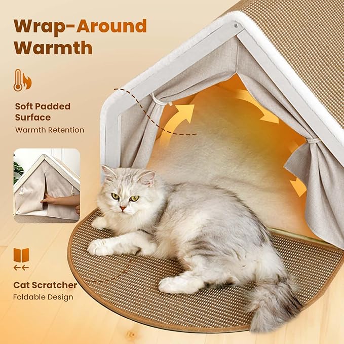 Cat Houses for Indoor Cats - Large Cat Bed Cave with Natural Sisal Cat Scratcher Mat, Solid Wood Frame Cat House with Curtains and Cat Floor Scratching Pad Rug, Protect Couch and Carpets (Nature, M)