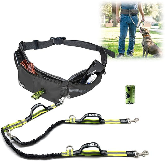 TAKSIN The Ultimate Hands Free Two Dogs Double Leash System for Walking Running Hiking Training, Reflective Bungee Leash, Treat Holder, Poop Bag Dispenser for Small Medium Large Dogs (Grey Pack)
