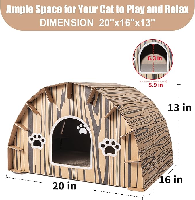 Forest Lodge Cardboard Cat House with Built-in Scratchers - 20 x 16 x 13 Inch Eco-Friendly Indoor Hideout for Cats and Small Animals