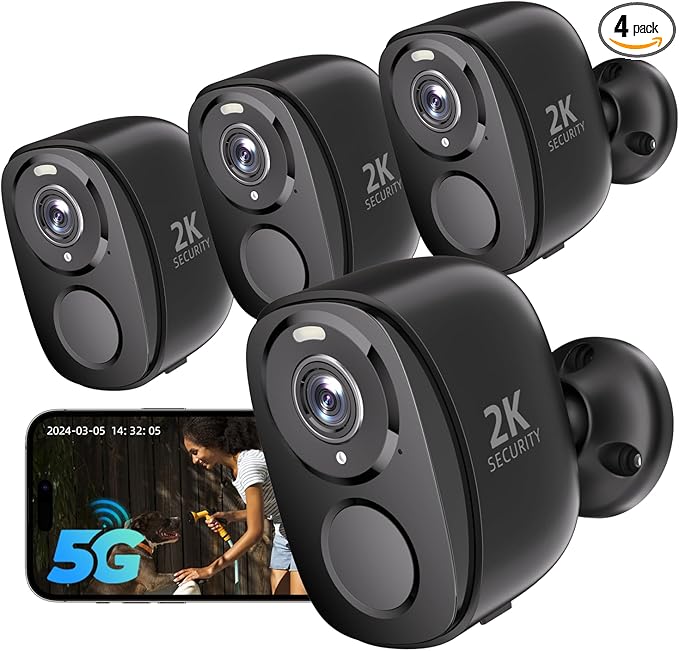 Rraycom 4Pack 5G/2.4G Security Cameras Wireless Outdoor,2K Battery Powered AI Motion Detection Siren Alarm WiFi Home Indoor Camera, Color Night Vision, 2-Way Talk, Waterproof, Works w/Alexa, Cloud/SD