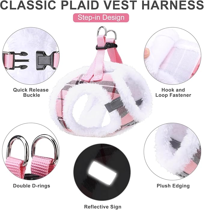 EXPAWLORER Fleece Lined Step-in Dog Harness - Soft Plush Padded Puppy Harness and Leash Set with Adjustable Dog Collar, No Pull Escape Proof Suede Dog Vest Harness for Small Dogs, Pink S