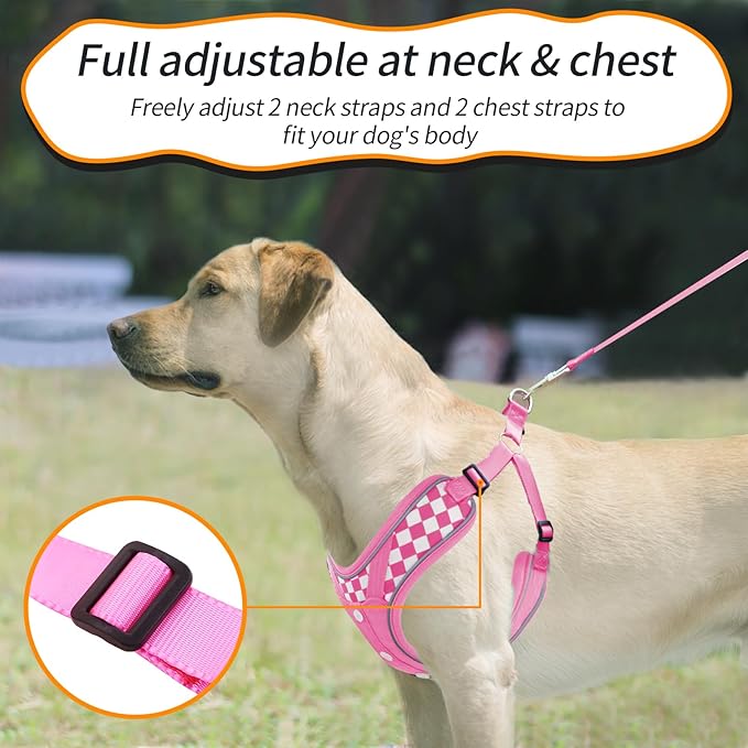 Dog Harness with Leash Set, No Pull Reflective Strips Adjustable Step in Collars with Breathable Padded Vest Harness for Large Dogs Training and Running (L Pink)