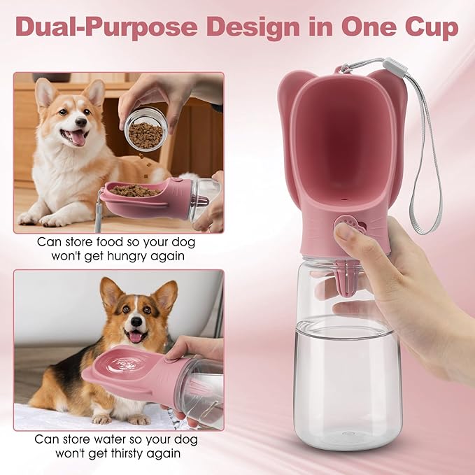 Portable Dogs Water Bottle with Food Storage Container, Leakproof Drinking Water Dispenser Feeder for Outdoor Dog Stuff Accessories Items for Cats, Puppy,for Walking, Hiking (Pink, 550ml)