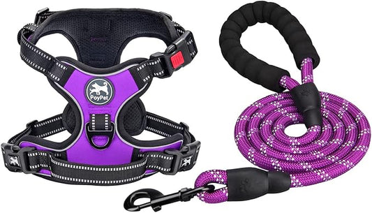 PoyPet Dog Harness and Leash Combo, Escape Proof No Pull Vest Harness, with 5 Feet Leash, Reflective Adjustable Soft Padded Pet Harness with Handle for Small to Large Dogs(Purple,M)