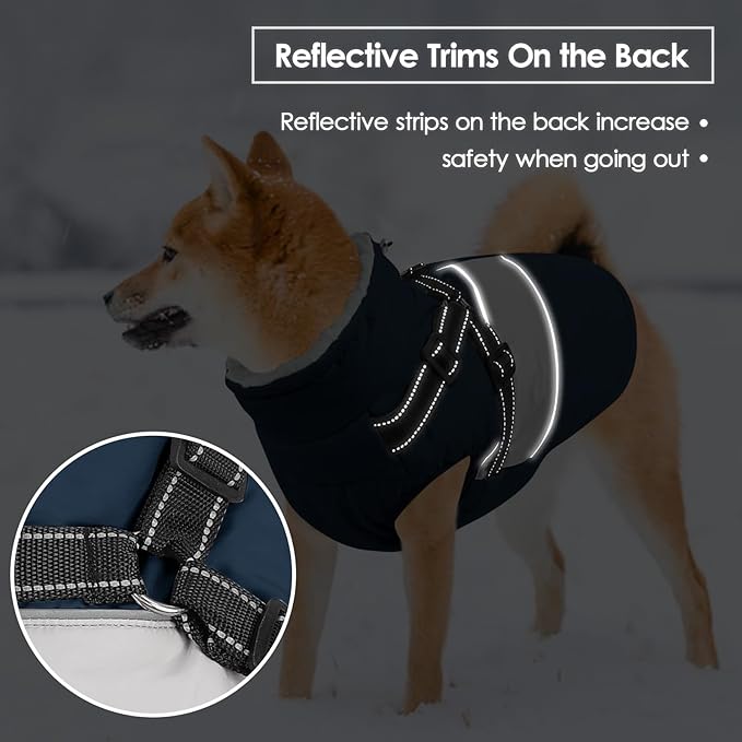 SUNFURA Dog Coat, XXXL Dog Jacket Winter with Harness Built in, Waterproof Pet Snow Jacket with Furry Collar for Chilly Day, Reflective Fleece Snowsuit for Extra Large Dogs, Navy Blue 3XL