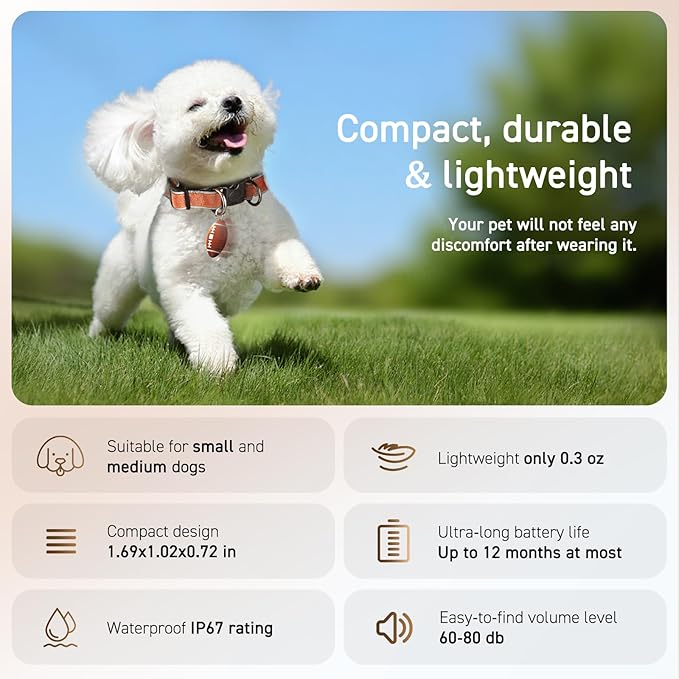 QDAN Dog Tracker, GPS Tracker for Dogs with Collar, Pet Tracker for Cat, Location Tracker, Smart Item Finder, No Charging, No Monthly Fee, IP67 Waterproof, Compatible for iOS Only