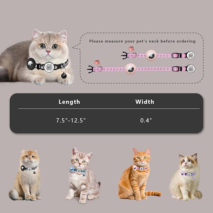 Smart QR Code Cat Collar - 2 Pack Breakaway Safety Collar with Online ID Profile, Reflective, Glow in The Dark & AirTag Holder for Kitten, Cats - Adjustable, Bell Included (Black)
