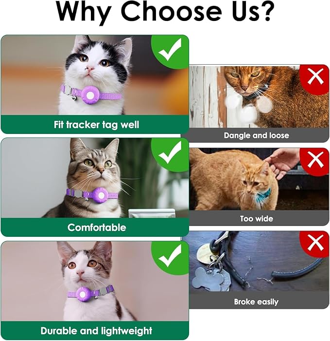 Cat Tracker,Pet Tracker for Cats Compatible with Apple Find My App(Only iOS),Waterproof Tracker Cat Collar with Safety Elastic Buckle,No Monthly Fee,Works with Any Collar (Purple)