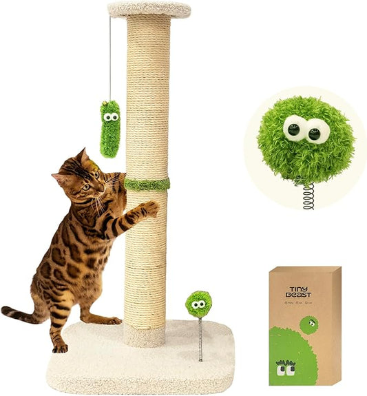 TINYBEAST 34.7" Tall Cat Scratching Post, 3 in 1 Sisal Cat Scratcher, Heavy Duty 4.3" Diameter Cat Tree with Hanging Bell Ball Toy and Reinforced Stable Base for Indoor Adult Cats & Kittens