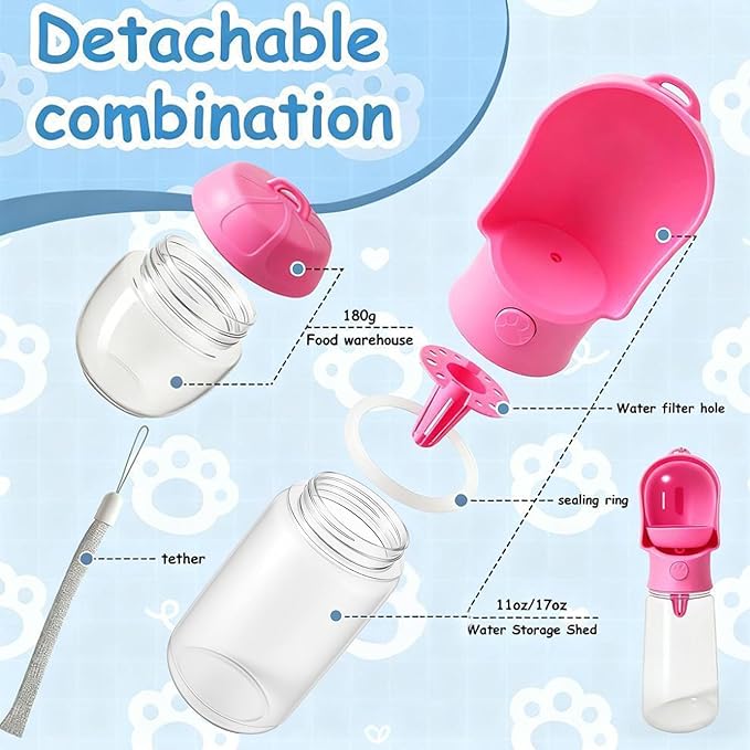 11OZ Portable Dog Water Bottle with Food Container | BPA-Free | Leak-Proof | Perfect for Outdoor Walks (Pink, 11oz)