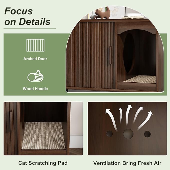Cat Litter Box Enclosure Furniture, Hidden Litter Box Cabinet with Scratching Pad, Large Fluted Wood Cat House Indoor Modern Side End Table Litterbox Furniture for Living Room, Entryway, Walnut