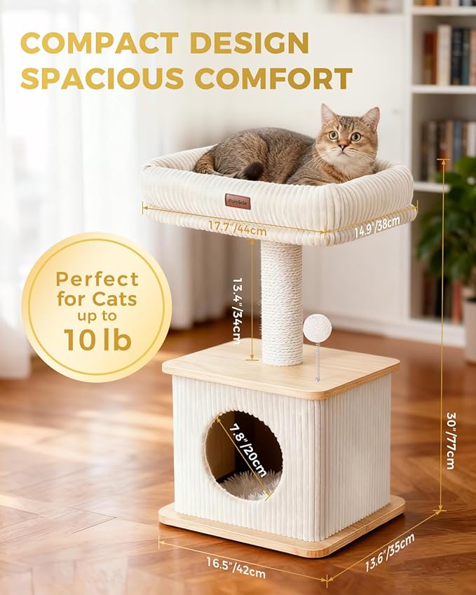 Modern Cat Tree for Indoor Cats, Nordic Loft Style, Wooden Cat Tower with Sisal Scratching Posts, Soft Padded Beds & Cozy Condos, Floor-Mounted for Kittens & Adult Cats