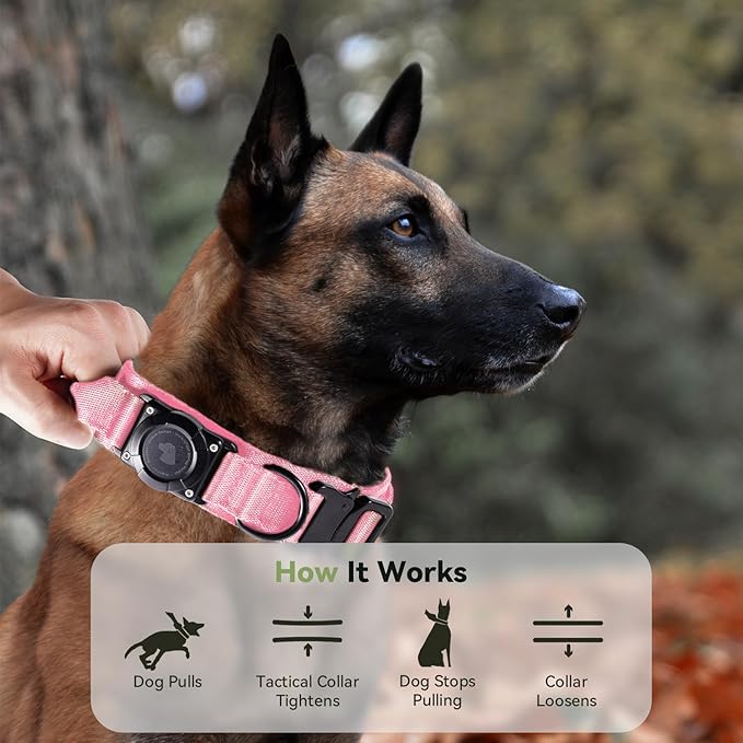 2025 Upgrade Waterproof AirTag Dog Collar, Military Tactical Dog Collar with AirTag Holder, Comfortable Control Handle and Metal Buckle, GPS Dog Collar Holder for Medium to Large Dogs (Pink, XL)