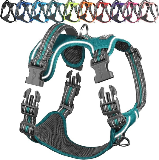 VIVAGLORY Dog Harness Easewalk No Pull Dog Harness with Handle & Front Back Clip for Training Lifting, Easy On Adjustable Padded No Pull for Pet & Puppy, XL, Hunter Teal
