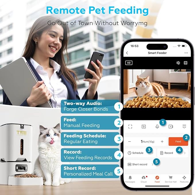 TYM Automatic Cat Feeder with Camera, 5G WiFi Timed Automatic Dog Feeder with APP Control, 7L Remote Feeding Auto Cat Food Dispenser, Reliable, Easy Cleaning, Keeps Food Fresh