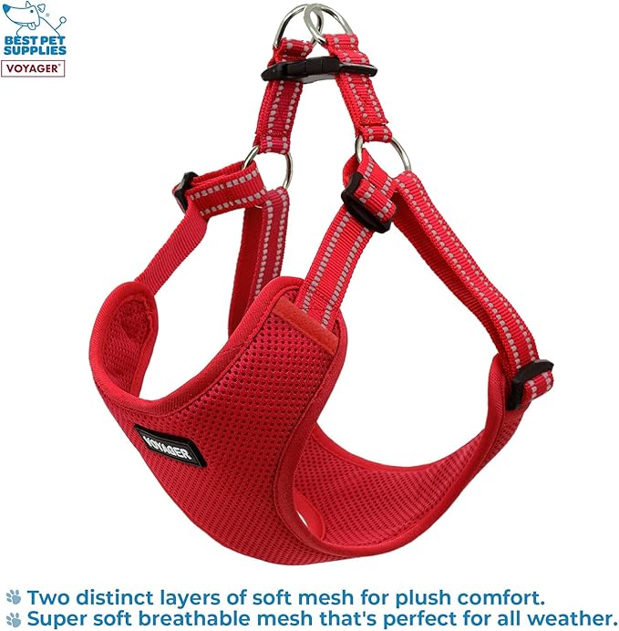 Best Pet Supplies Voyager Mesh Dog Breathable Harness Reflective Stitching, All Weather Adjustable for Walking Training, or Running - Heavy Duty & Durable, Harness (Red), L